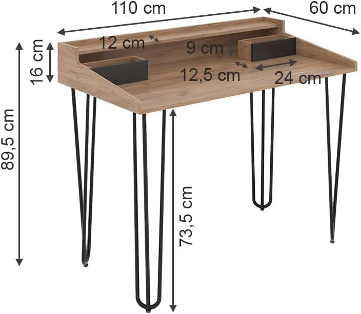 Oak & Black Office Desk with Drawers, 110 x 60 cm Modern Study Table