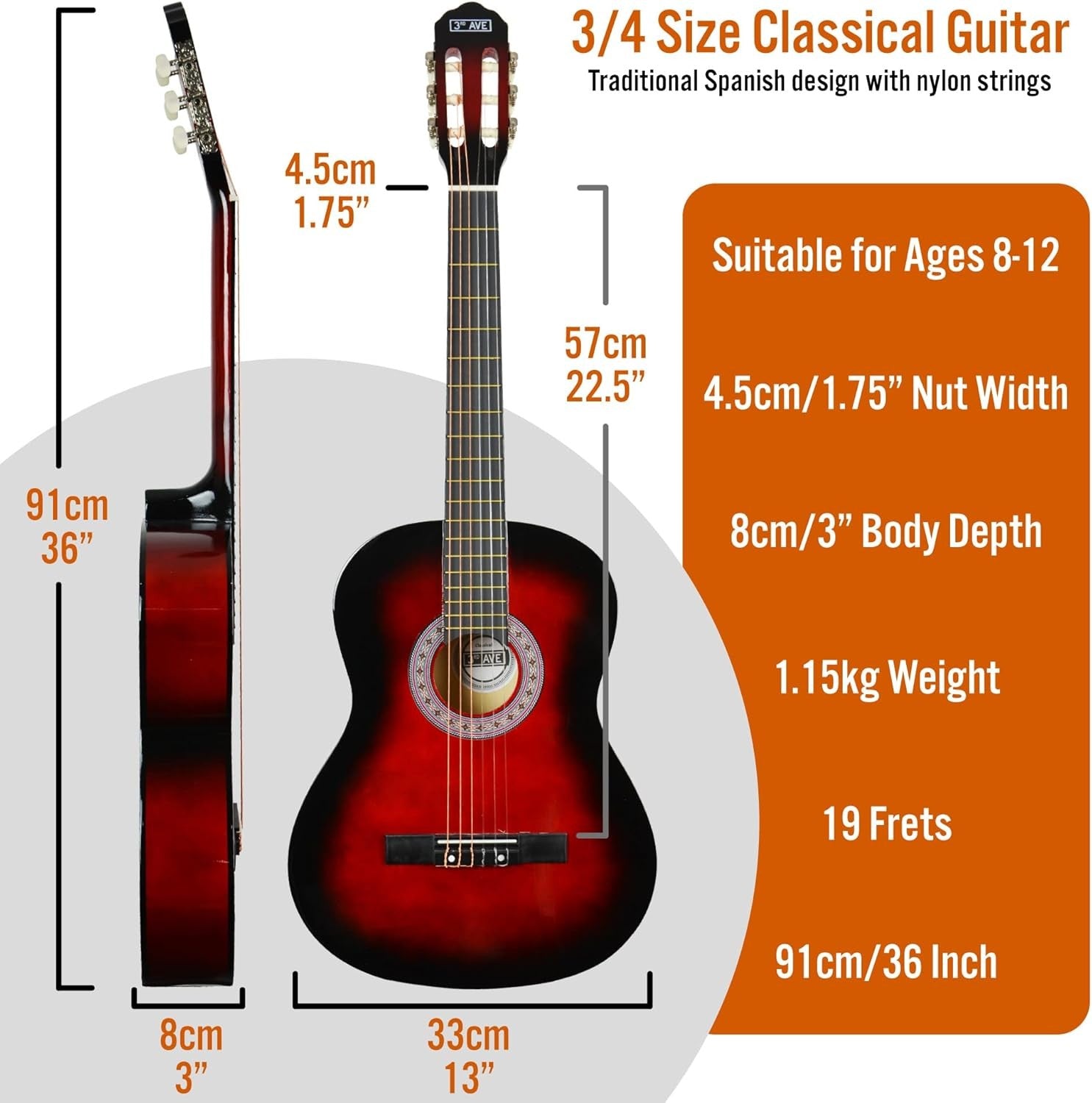 3/4 Kids Classical Guitar Nylon String Starter Pack Red w/ Bag
