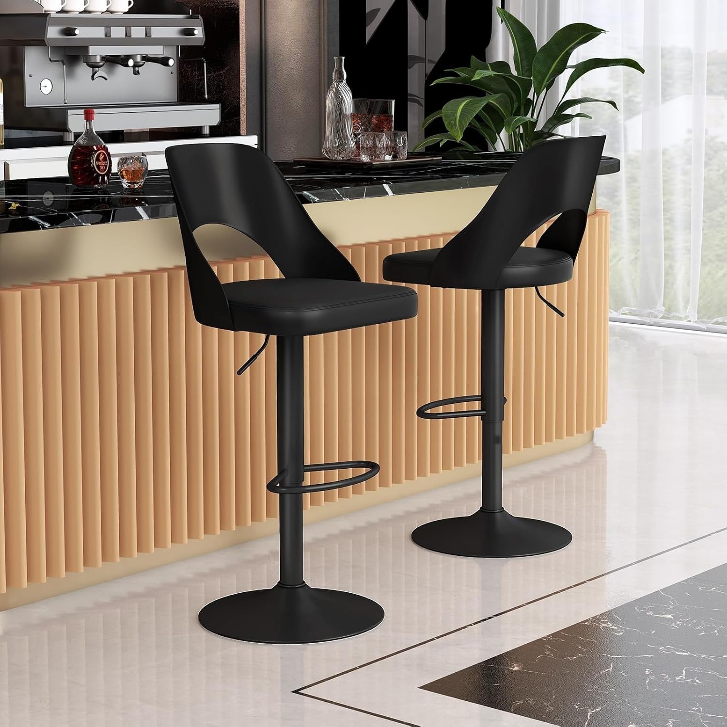 Set of 2 Adjustable Black PU Leather Swivel Bar Stools for Kitchen Counter
