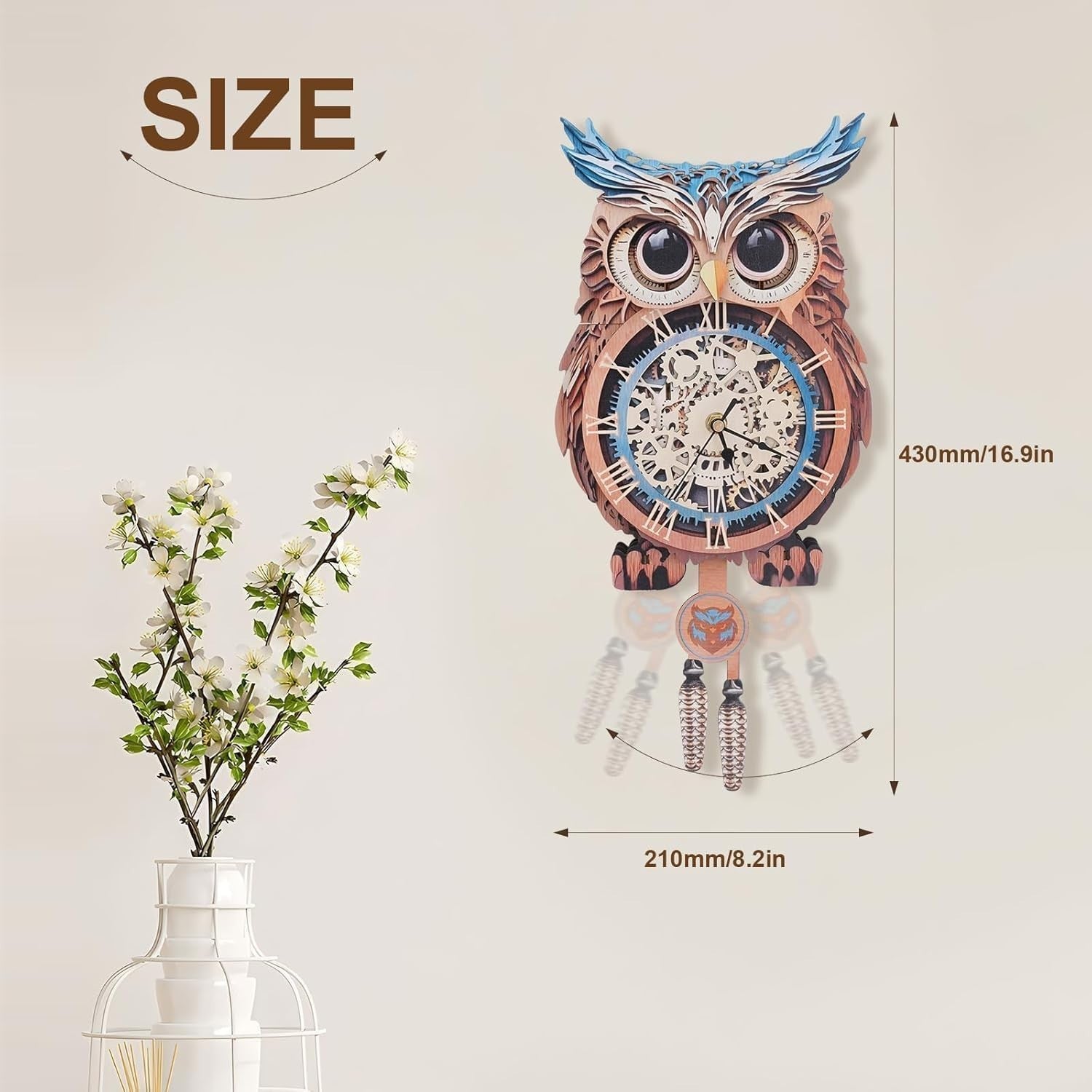 Silent Wooden Owl 3D Puzzle Clock with Pendulum - DIY Wall Decor 21x43cm