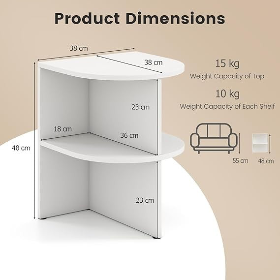 2x Half Round Side Tables | White 2-Tier Bedside Sofa End Tables with Shelves