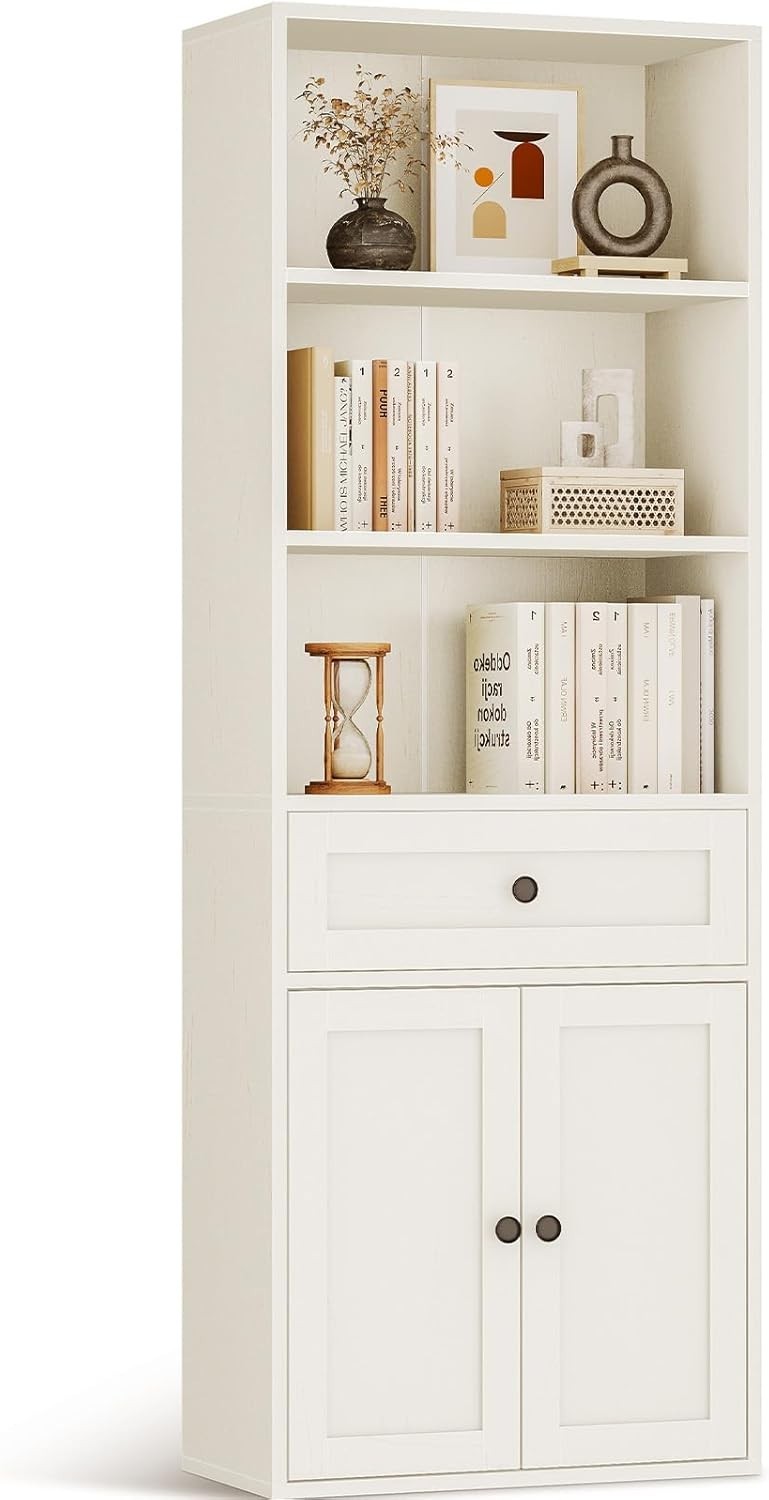 5 Tier Bookcase with Doors Drawers Display Storage Shelf Tall Cabinet White