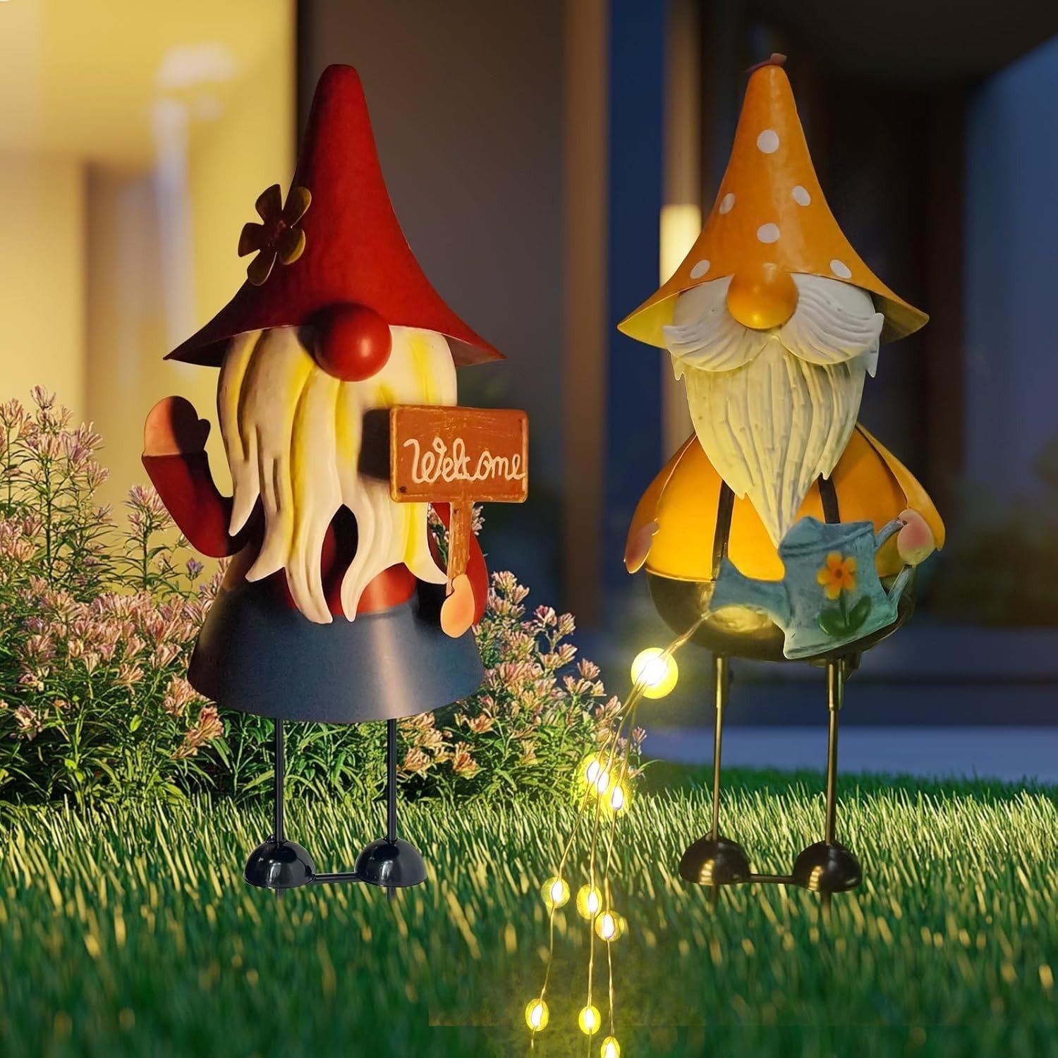Solar Gnome Garden Ornaments Set of 2 Metal 18" Outdoor LED Watering Can Statues