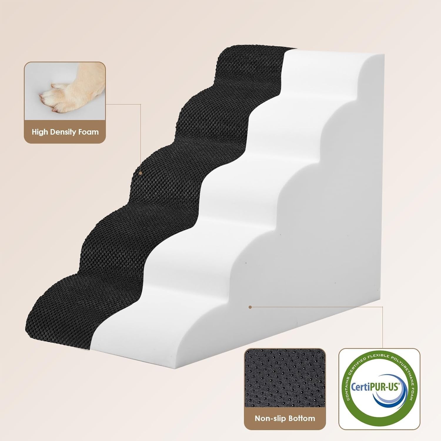 5 Step Dog Stairs for High Bed Non Slip Foam Pet Steps Washable Black