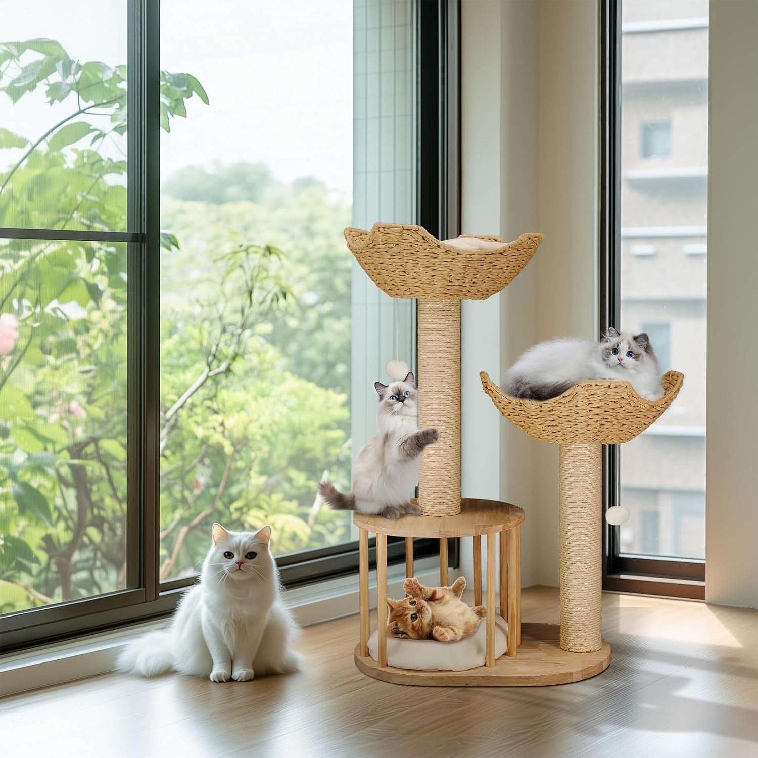 Wooden Cat Tree Tower 3 Tier Plush Condo Sisal Scratch Post Indoor Climber