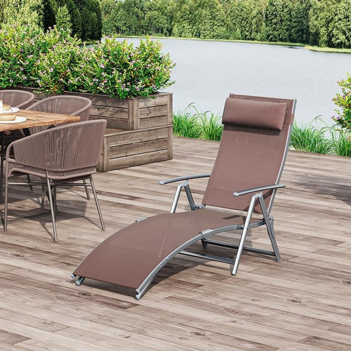 Outdoor Steel Recliner Folding Sun Lounger Chair 7-Position Brown Textilene