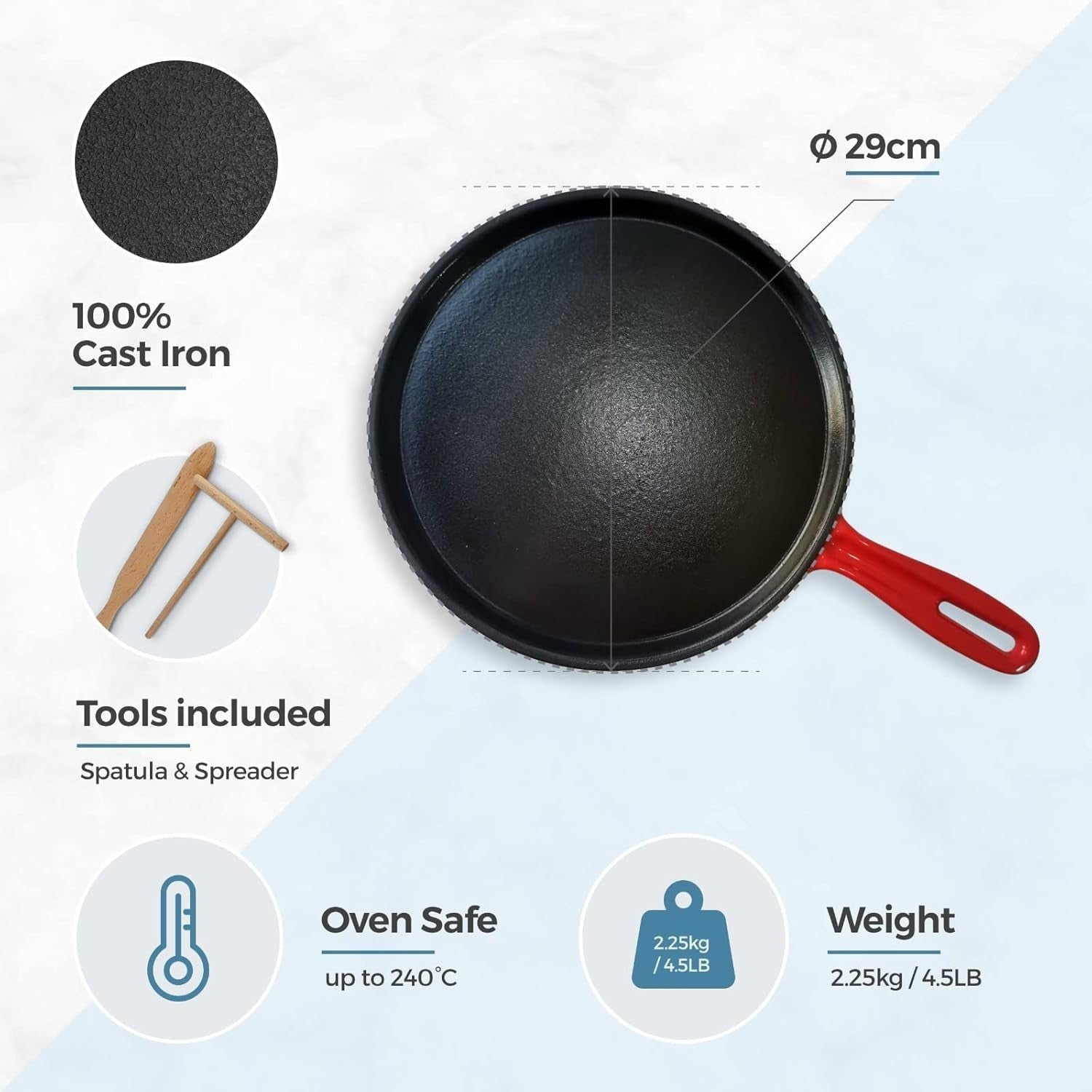 25 cm Cast Iron Crepe & Pancake Pan Non-Stick Pre-Seasoned Griddle