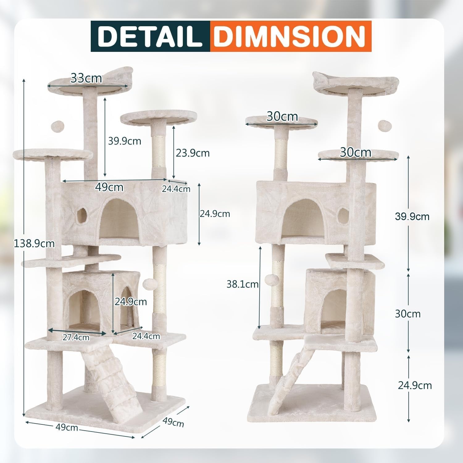 Beige Multi Level Cat Tree Tower 139cm with Condo Scratching Posts Play Centre
