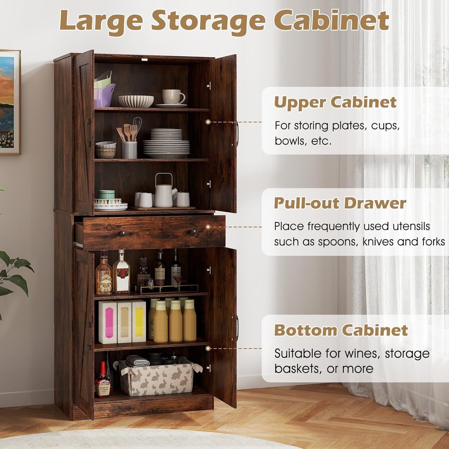 183cm Tall Kitchen Cupboard Rustic Brown 6-Tier Adjustable Drawer Storage