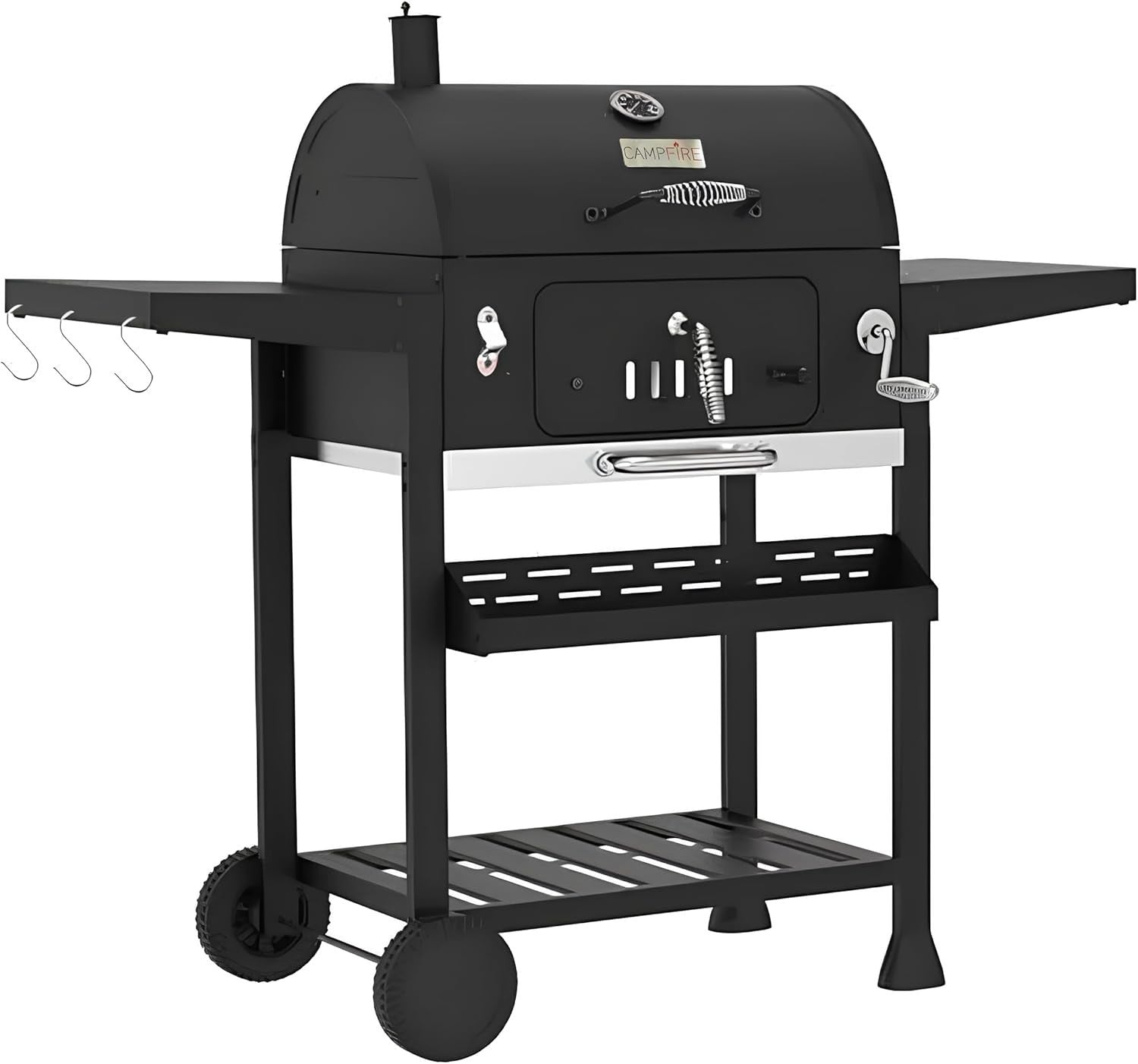 XL Outdoor Charcoal BBQ Smoker Grill with Thermometer & Side Tables