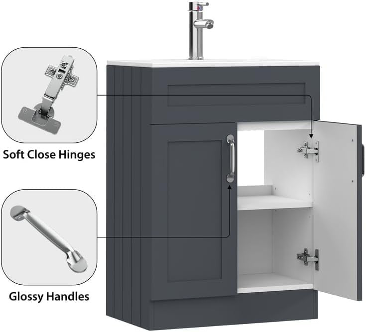 600mm Grey Bathroom Vanity Unit with Basin Storage Cupboard Floor Standing Sink