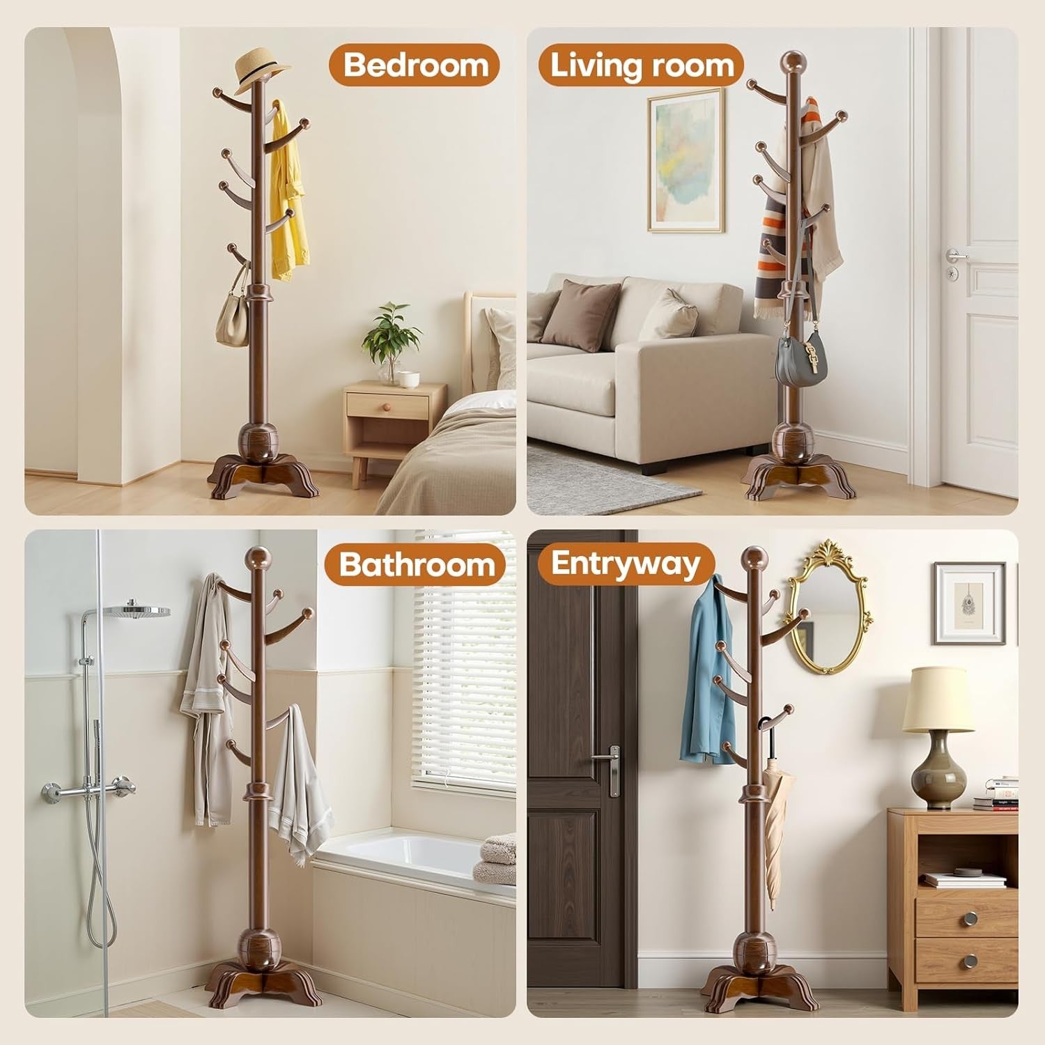 Wooden Coat Rack Stand Freestanding 7 Hooks Sphere Base Hall Tree Walnut