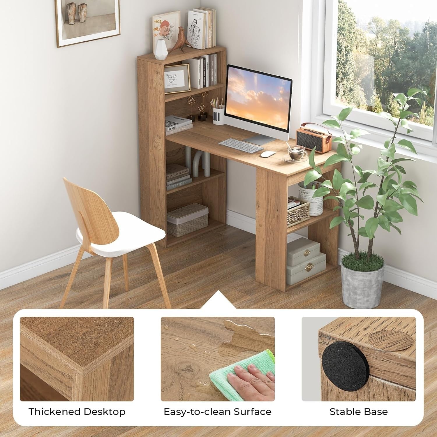 Natural Wood Computer Desk 122x52cm with 6-Tier Storage Shelves