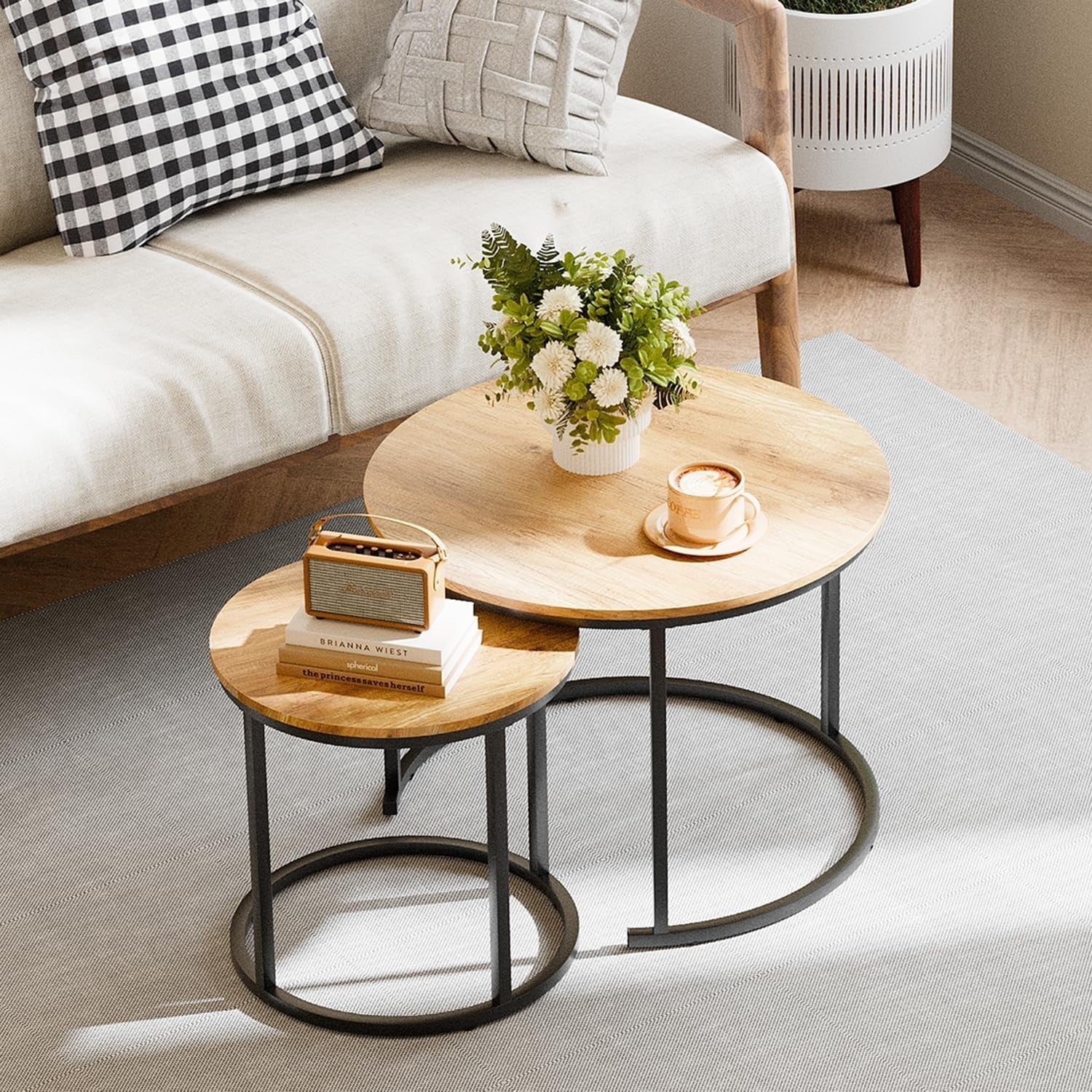 Round Nested Coffee Table Set of 2, Natural Brown Wood, Metal Frame, End Side Ta
