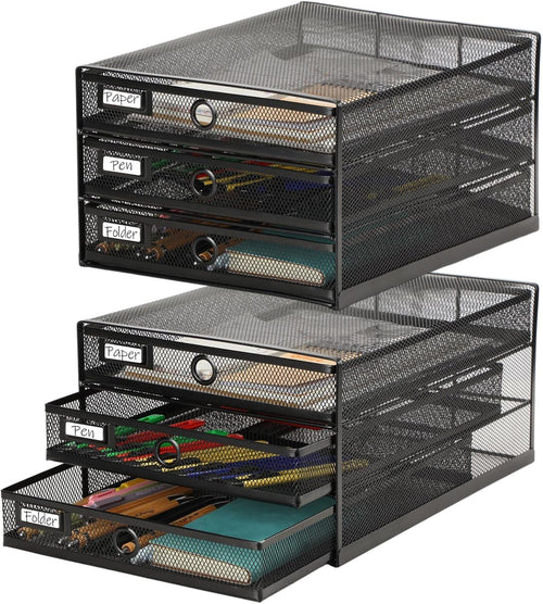 3-Tier Desk Organizer with Drawer | Mesh Metal File & Paper Storage, A4