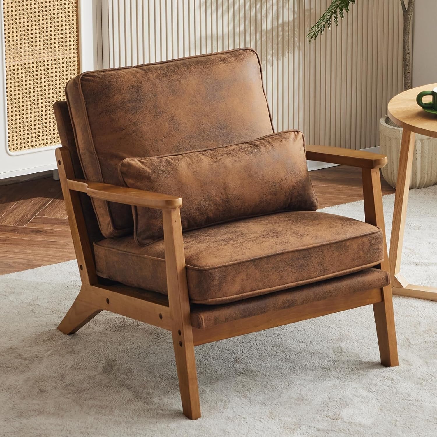 Brown Fabric Accent Armchair Solid Wood Lounge Chair Wide Arm