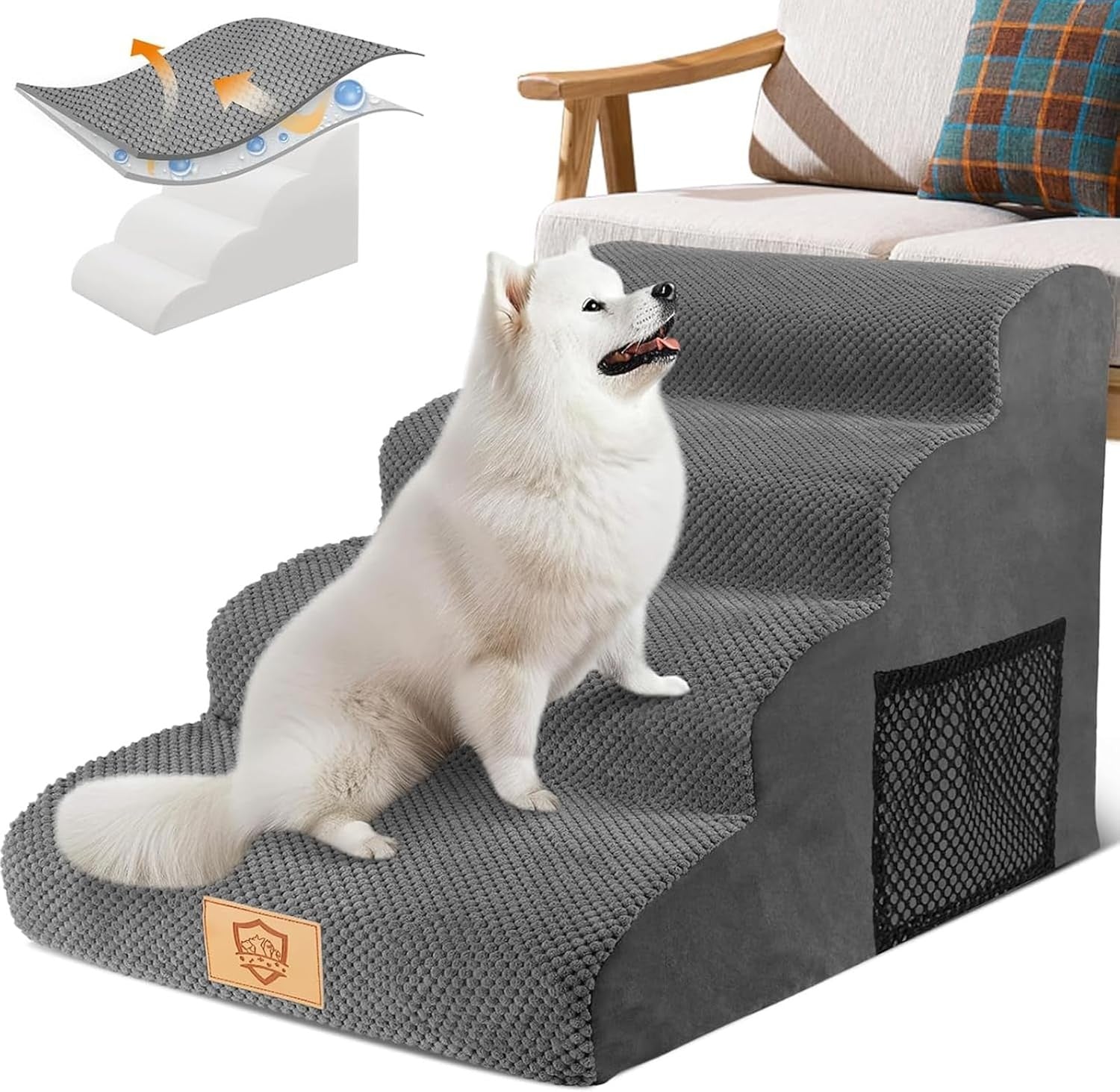 4 Step Dog Stairs Ramp for Bed Sofa Non Slip Washable Grey 73x40x51cm