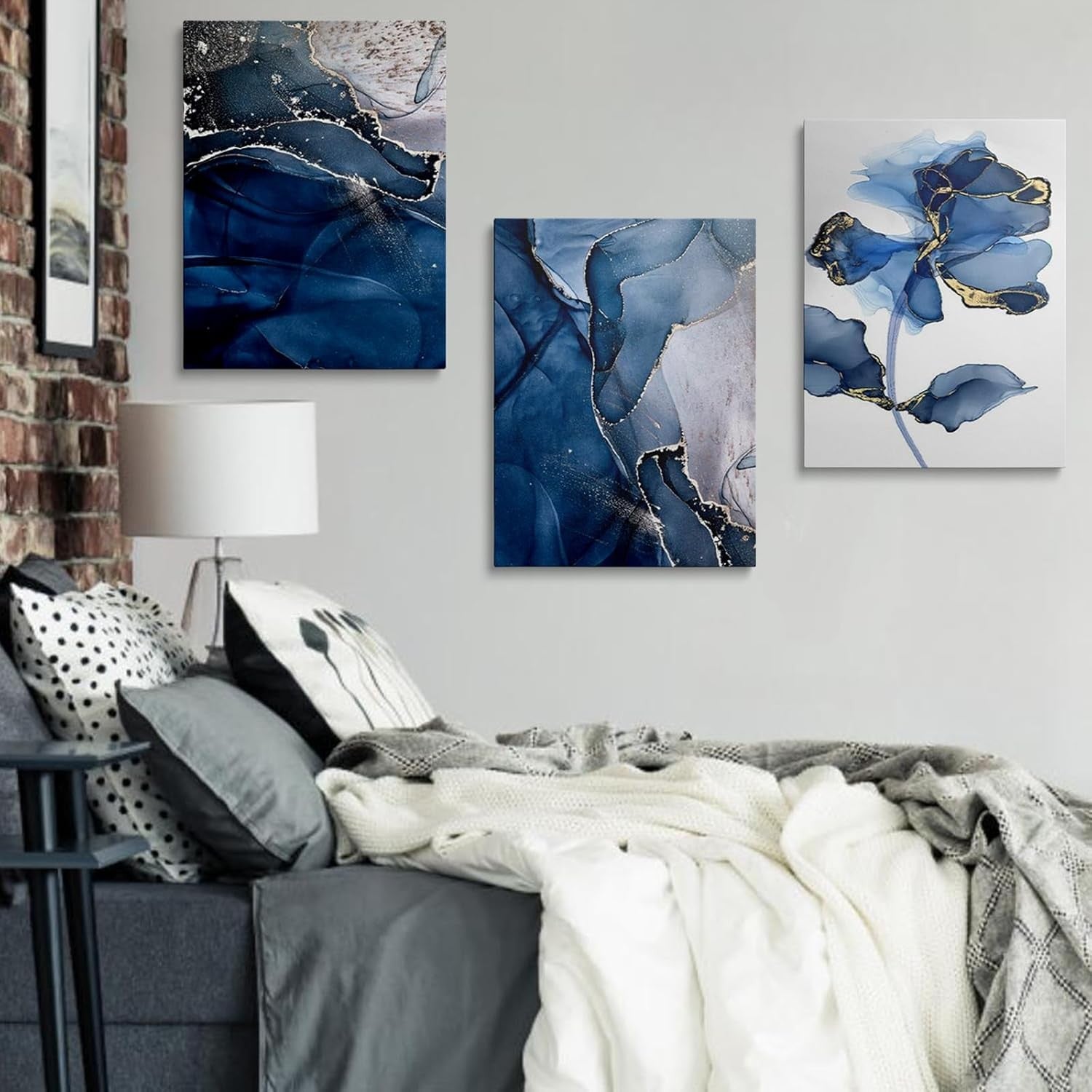 Blue Flower Wall Art Set of 3 Framed Canvas 12x16in Bedroom
