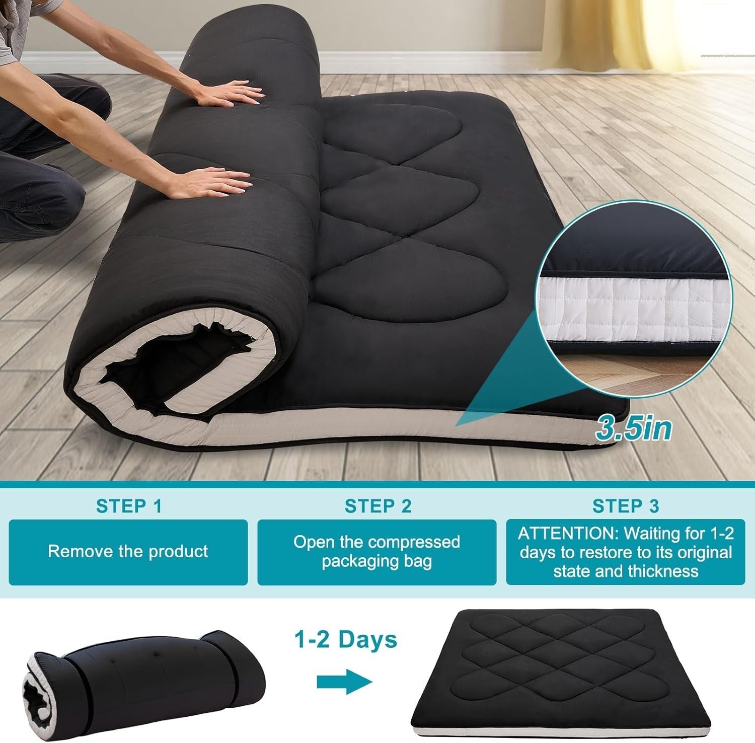 King Floor Futon Mattress 5-Layer Roll-Up Tatami Bed Camping Guest
