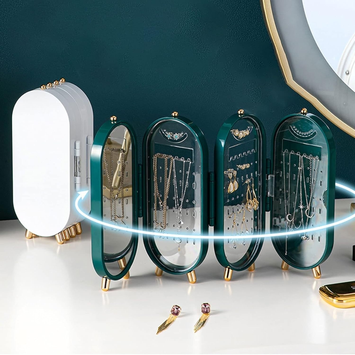 Travel Jewelry Box Organizer with Mirror Folding Case for Rings Earrings