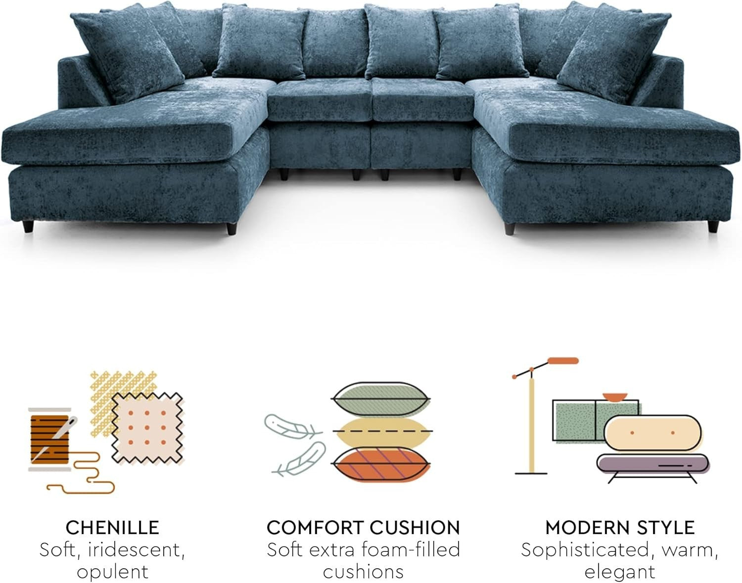 U-Shaped Sofa Dark Blue Chenille w/ Cushions + Footstool | 280x164x90cm Modern