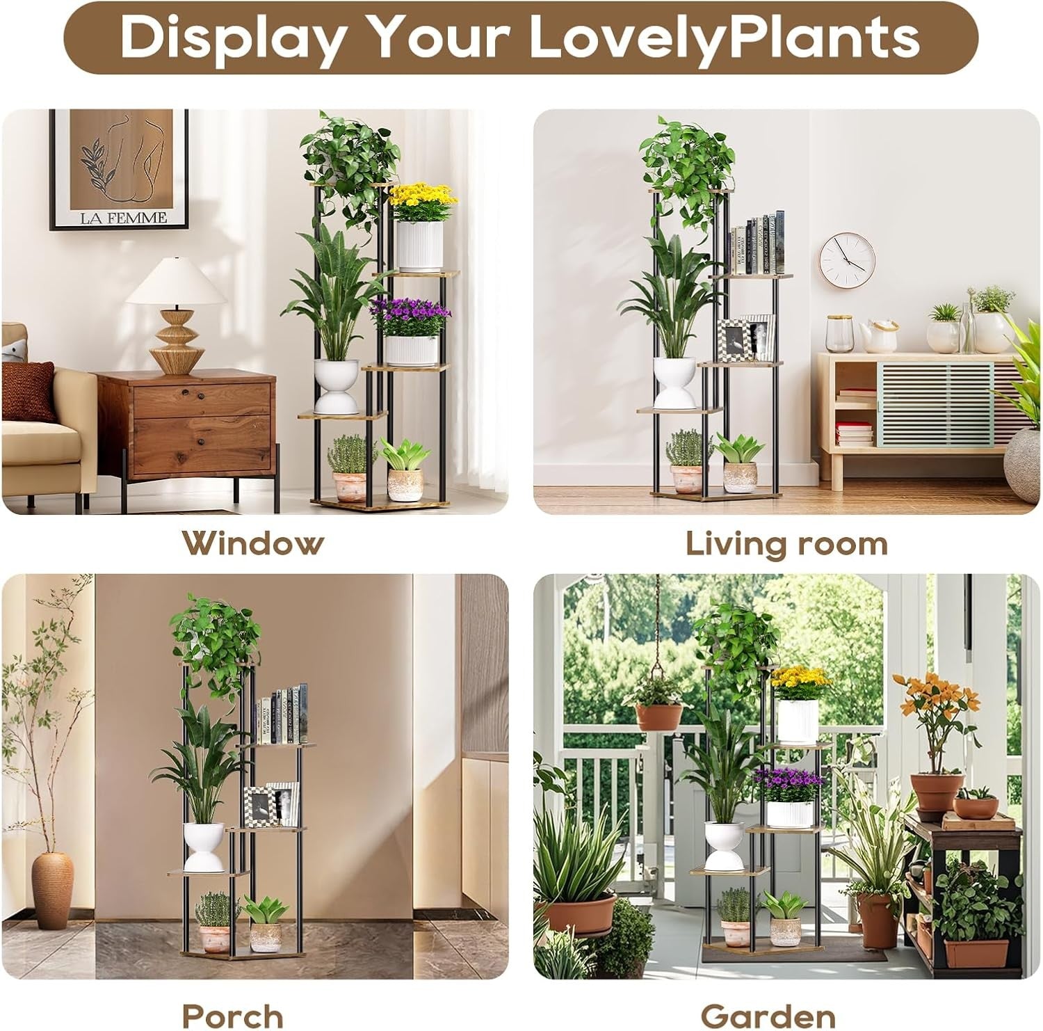 5 Tier Metal Plant Stand Indoor Corner Flower Shelf Wood Display Rack for Living