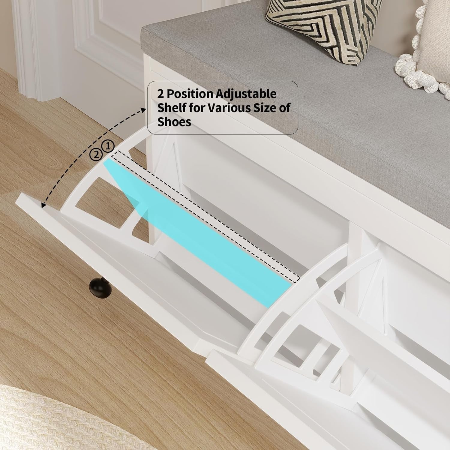 White Flip Drawer Shoe Storage Bench with Padded Seat & Adjustable Shelves