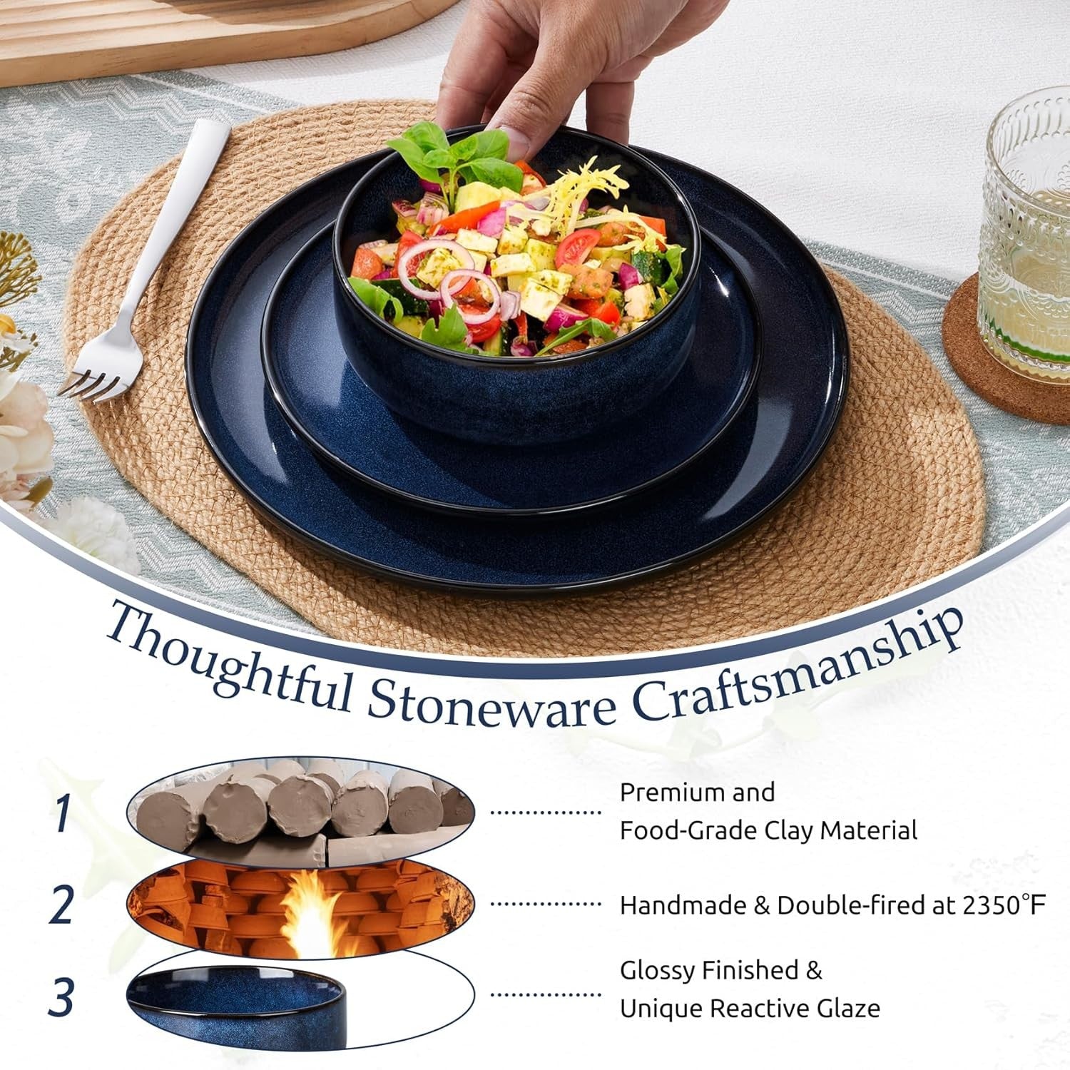 12pc Stoneware Dinner Set Midnight Blue Plates Bowls Reactive Glaze