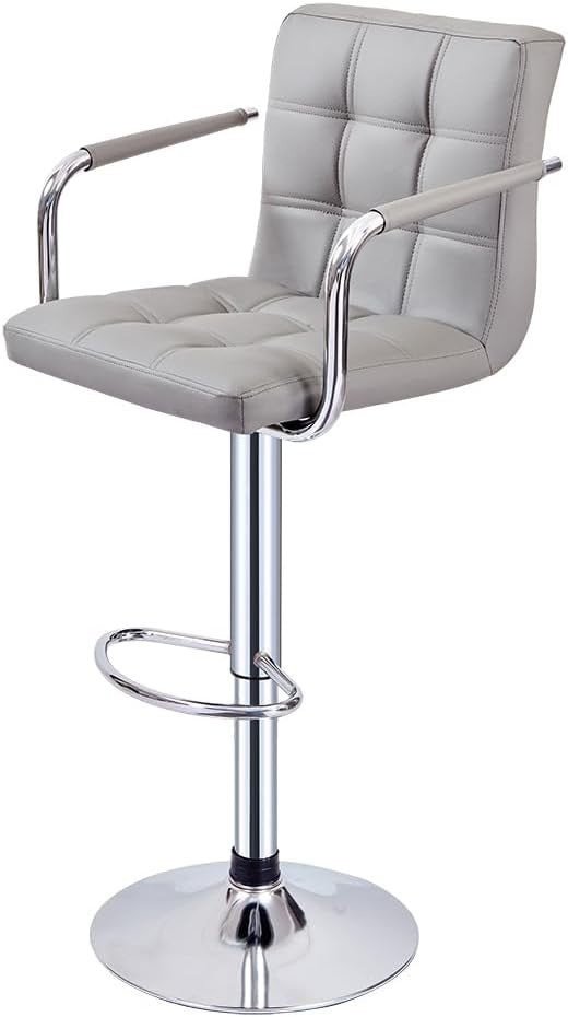 Grey Faux Leather Adjustable Swivel Bar Stool with Armrest