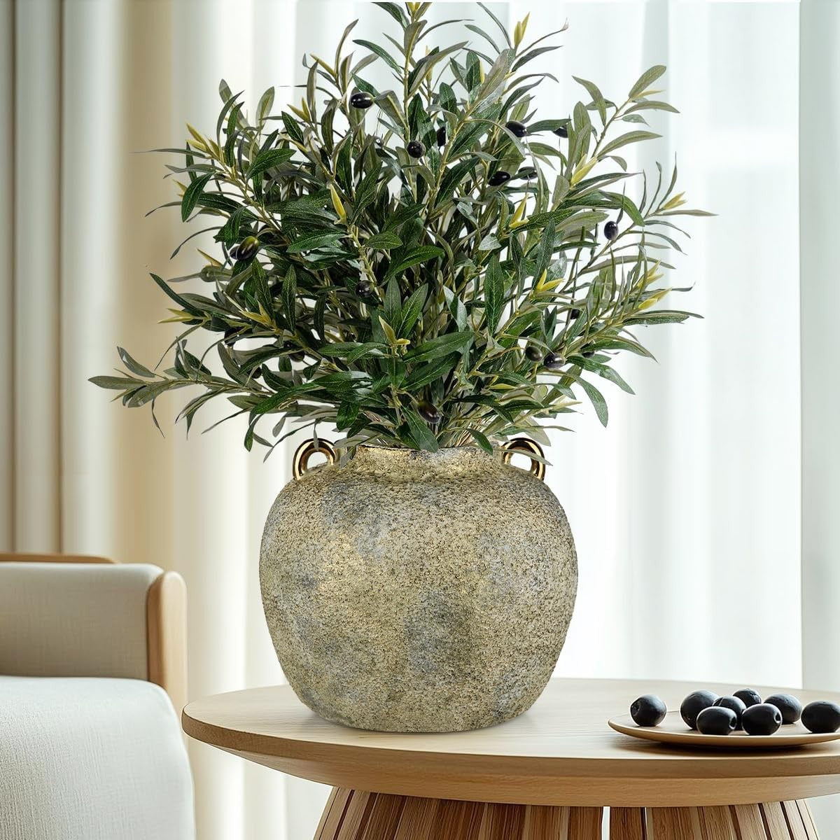 Rustic Gold Ceramic Vase 20cm with Handles Farmhouse Pampas Decor