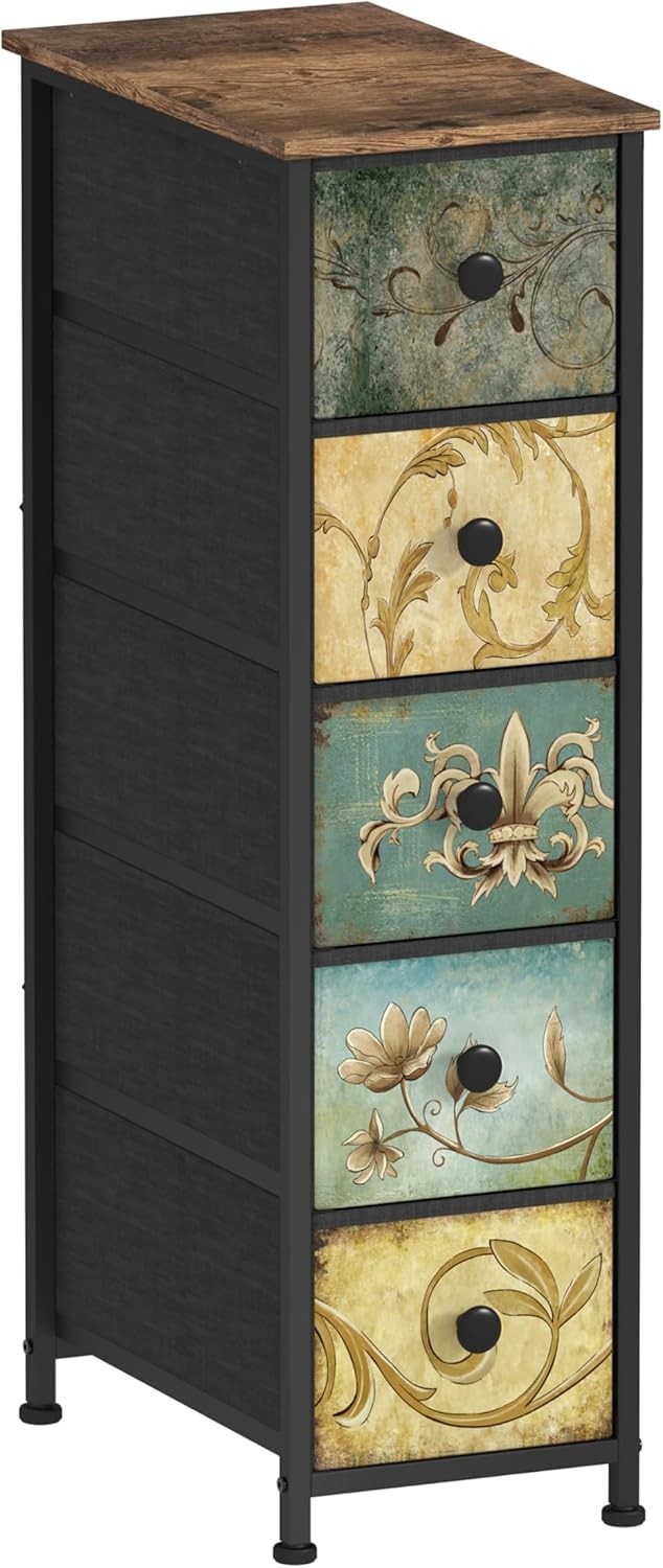 Slim 5 Drawer Tall Storage Cabinet Rustic Boho Unit Bedroom Hallway