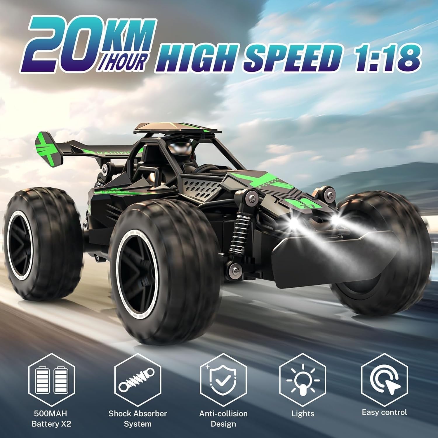 1:18 20KM/H RC Monster Truck Off Road Car w/ Lights 40Min Kids Remote Toy