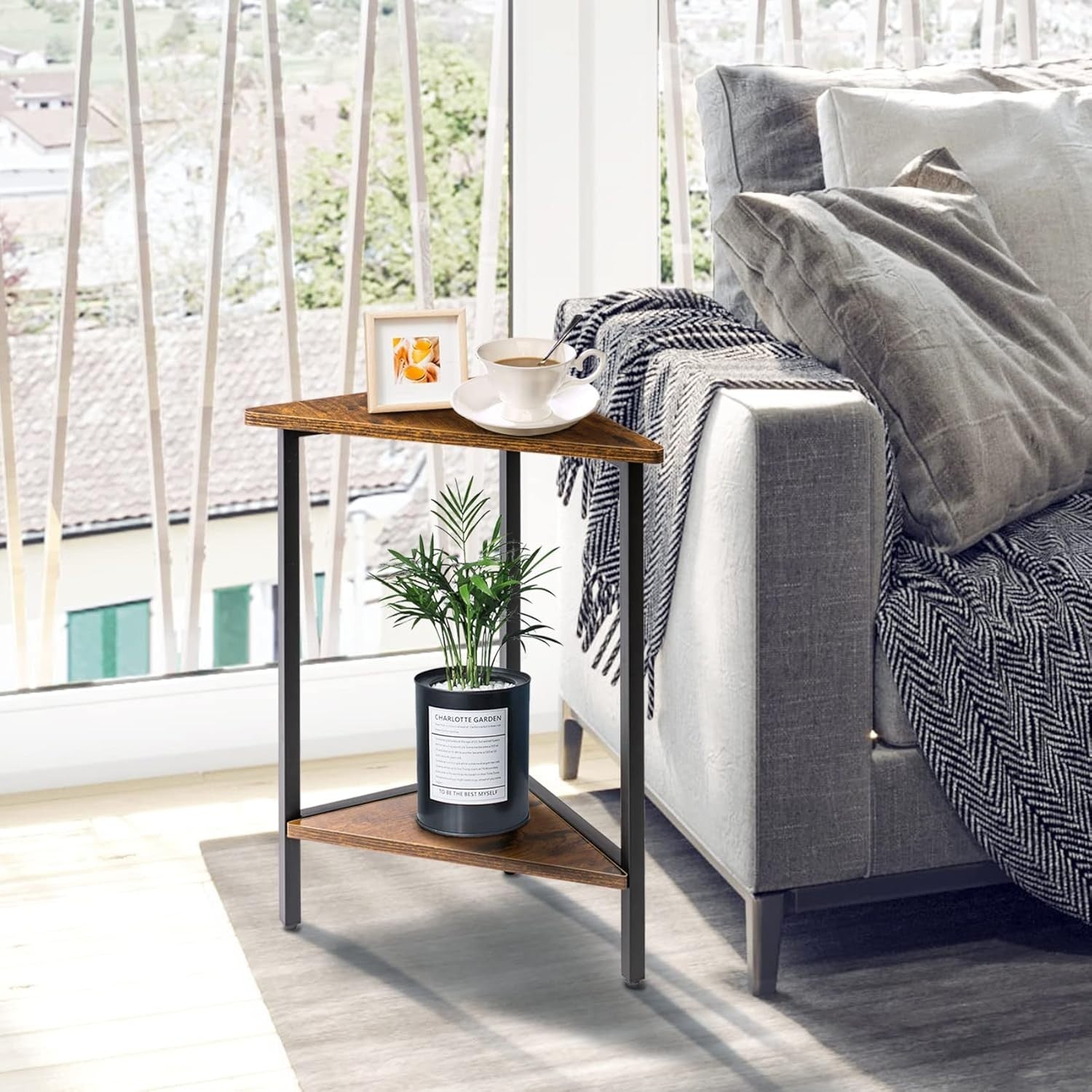 Space-Saving Triangle End Table with Magazine Rack – Durable Corner Nightstand