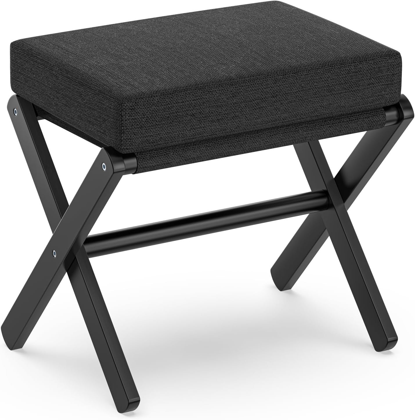 Black Foldable Footstool Ottoman with Bamboo X-Legs & Thick Chenille Cushion