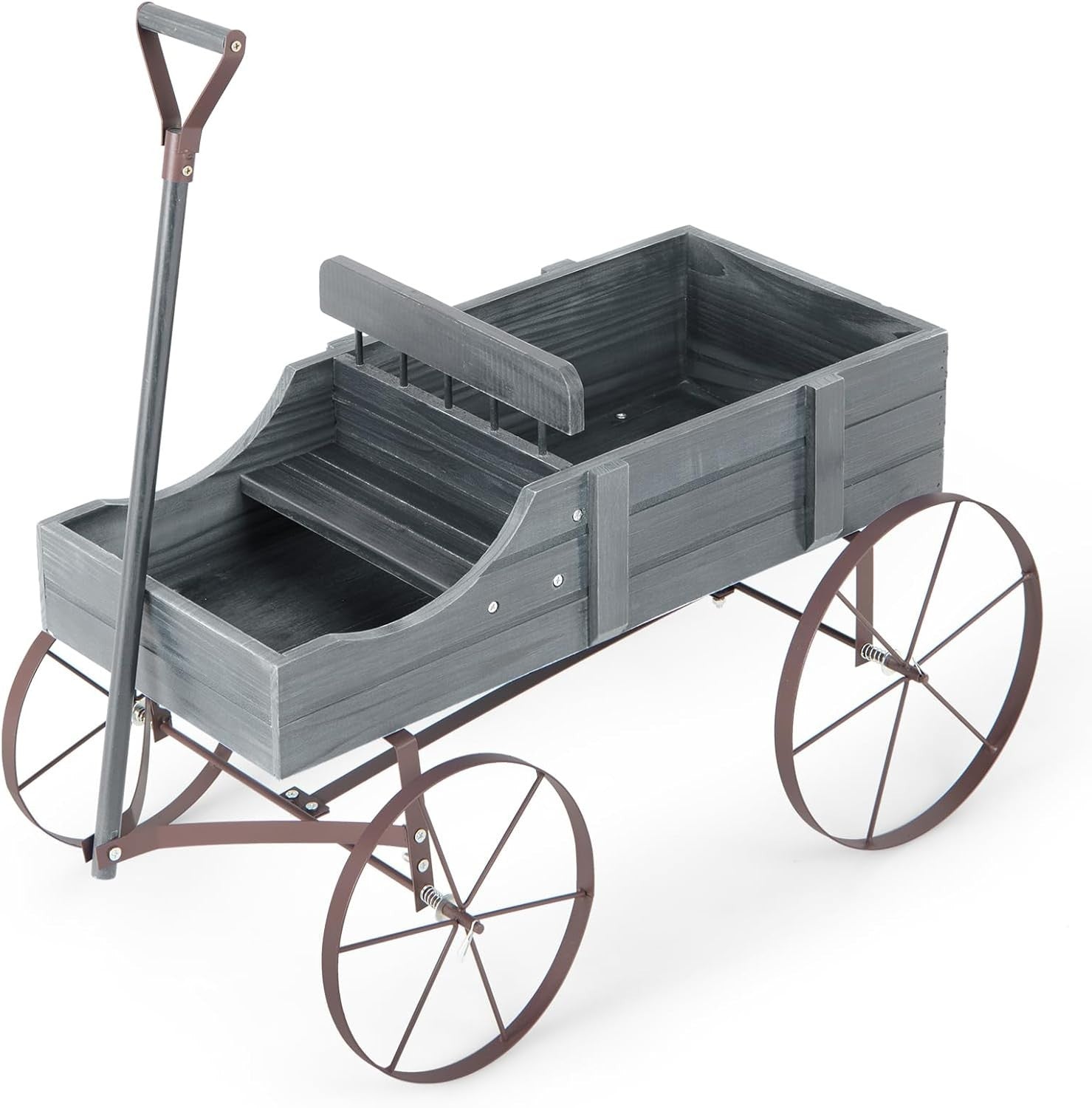 Grey Wooden Garden Wagon Planter Decorative Flower Cart w/ Handle & Wheels