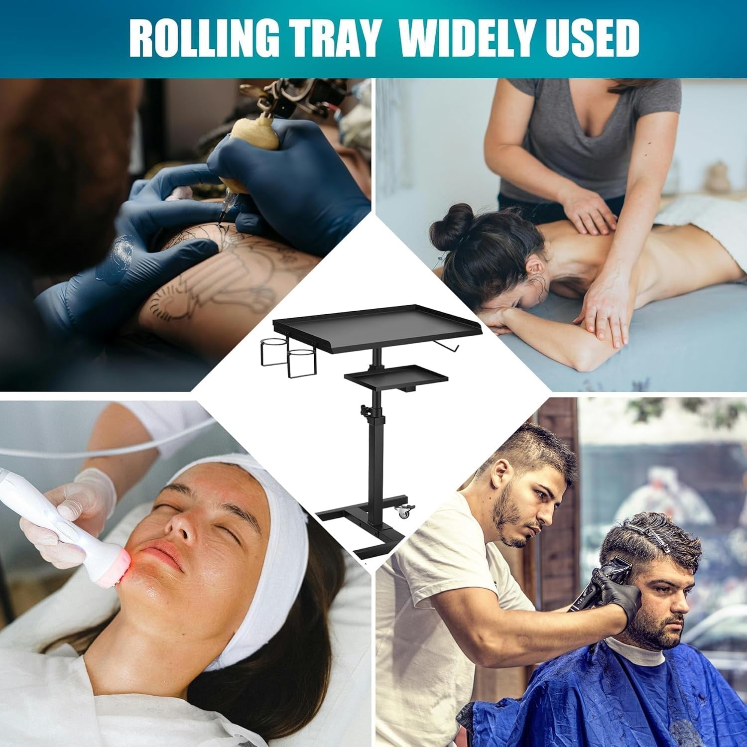 Double Tier Rolling Tattoo Workstation Adjustable Tray with Wheels Storage Cart