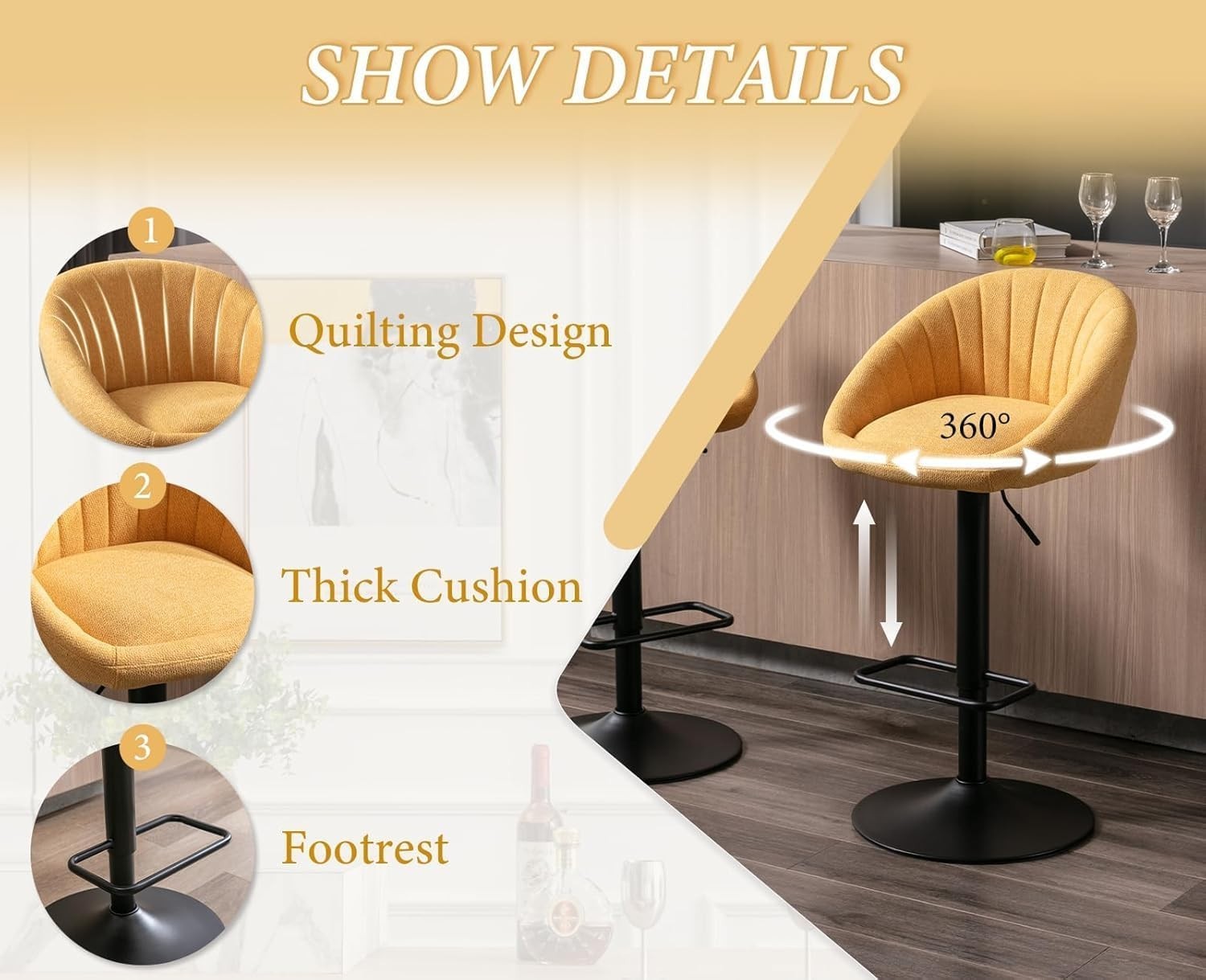 Yellow Modern L-Shaped Bar Stools Set of 4 – Comfortable Swivel Seats