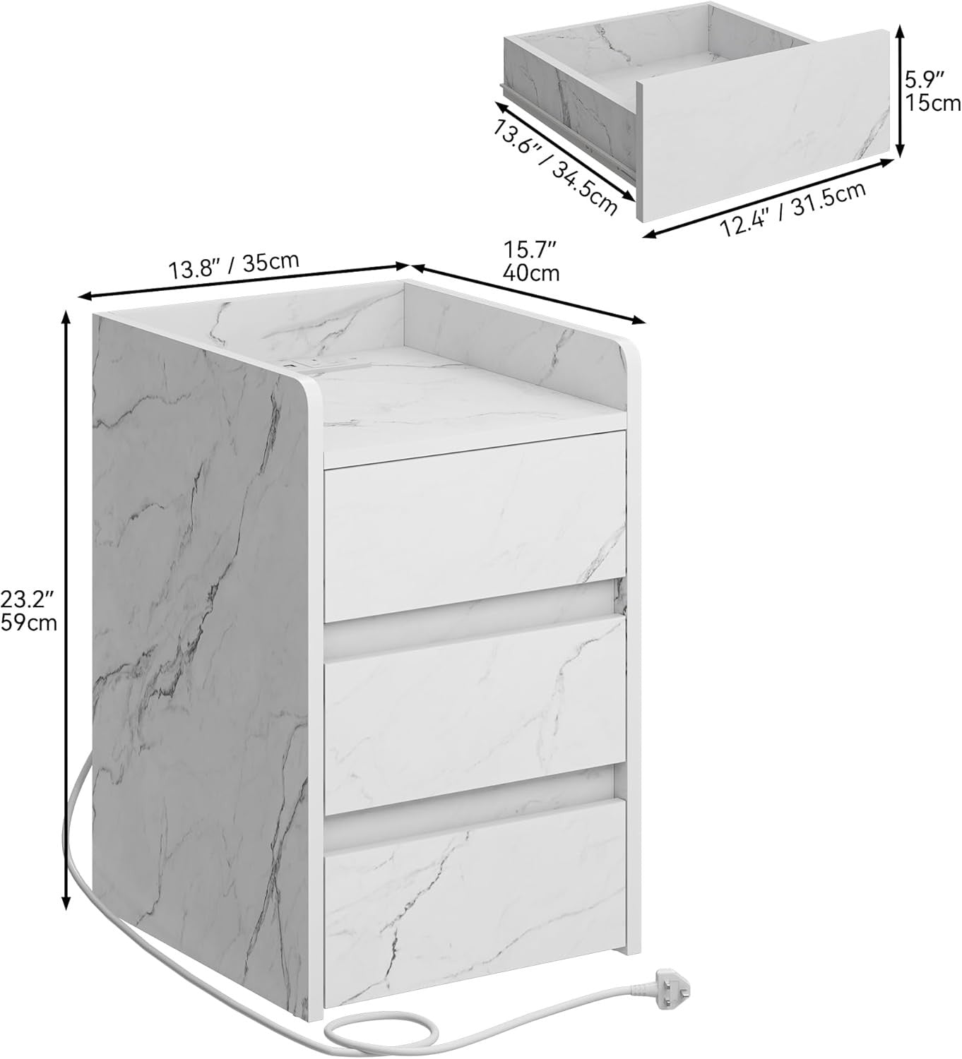 Marble White Bedside Table with 3 Drawers & Charging Station | Modern 35×59cm