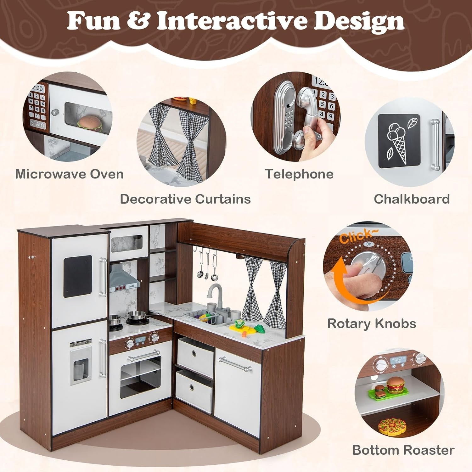 Kids Corner Play Kitchen Wooden Toy Set Lights Sounds Water Ice Maker