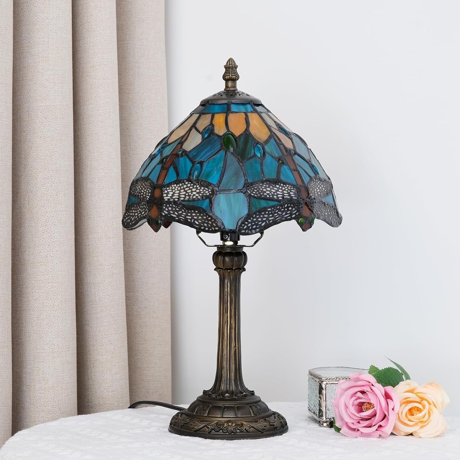 Antique Tiffany Style Stained Glass Dragonfly Table Lamp, Bedroom Desk Light