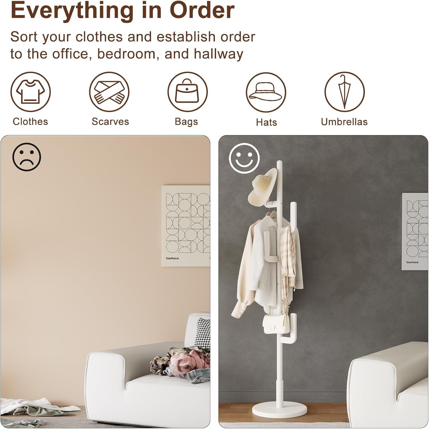 White Wooden Coat Rack 6 Hooks Cactus Design Freestanding Hall Tree Stand