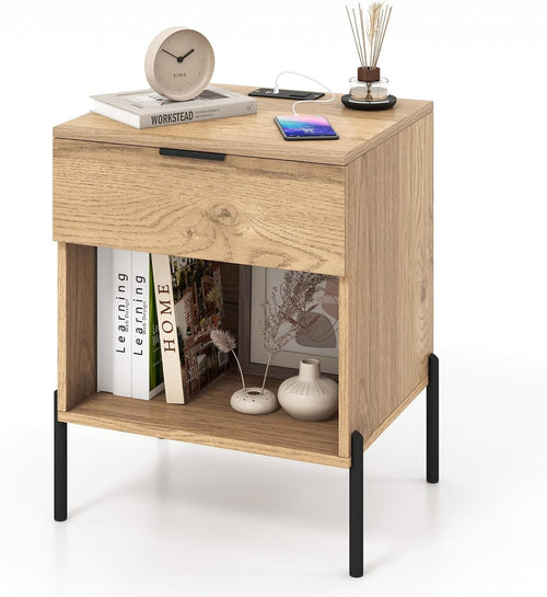 Wooden Bedside Table with Charging Station & Drawer – Modern Nightstand