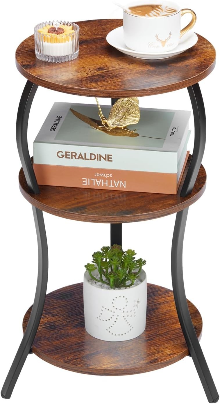 Brown 3-Tier Round Side Table 30x30x55 cm | Slim End Table w/ Storage
