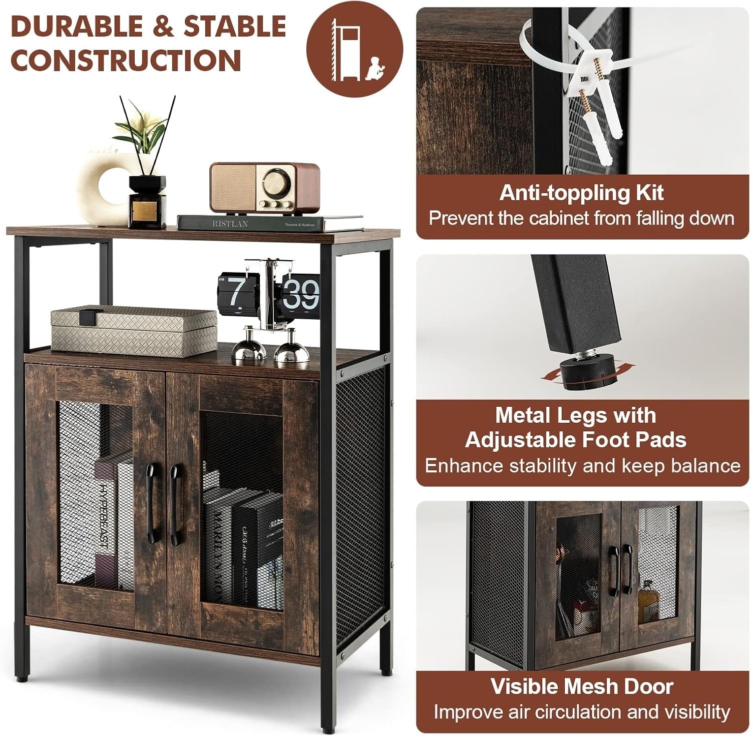 Industrial Wine Bar Cabinet Sideboard with Wine Rack & Glass Holder Rustic Brown