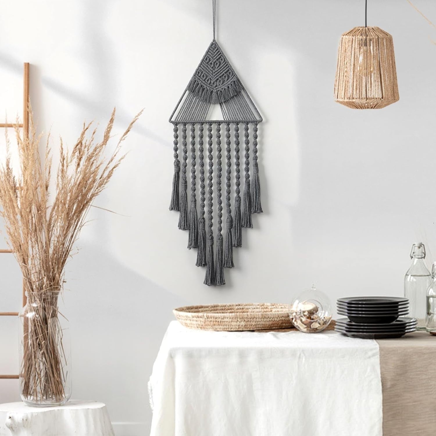 Grey Boho Triangle Macrame Wall Hanging 27" Cotton Tassel