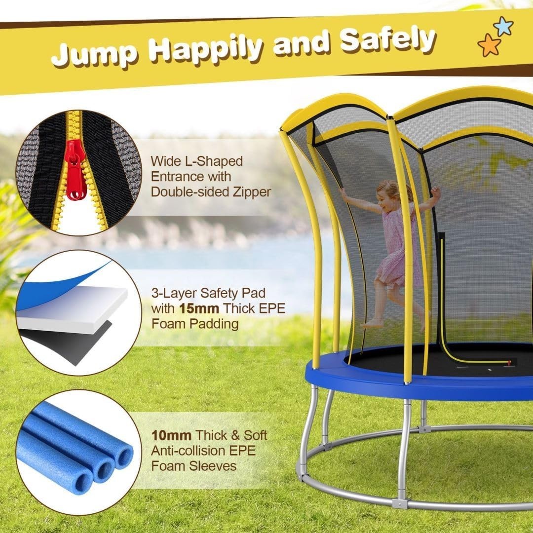 10FT Outdoor Garden Trampoline Safety Enclosure Net Steel Springs Yellow