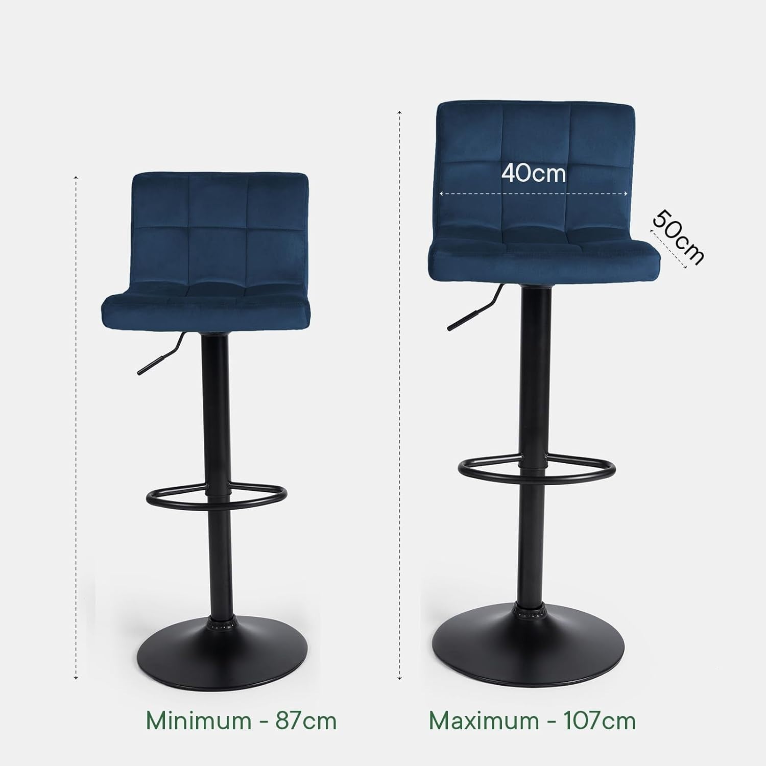 Set of 2 Adjustable Navy Blue Velvet Bar Stools with Swivel & Footrest