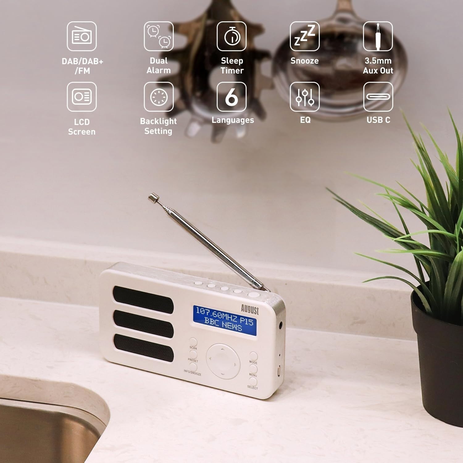 Portable DAB/DAB+/FM Digital Radio with Alarm, Rechargeable & AUX