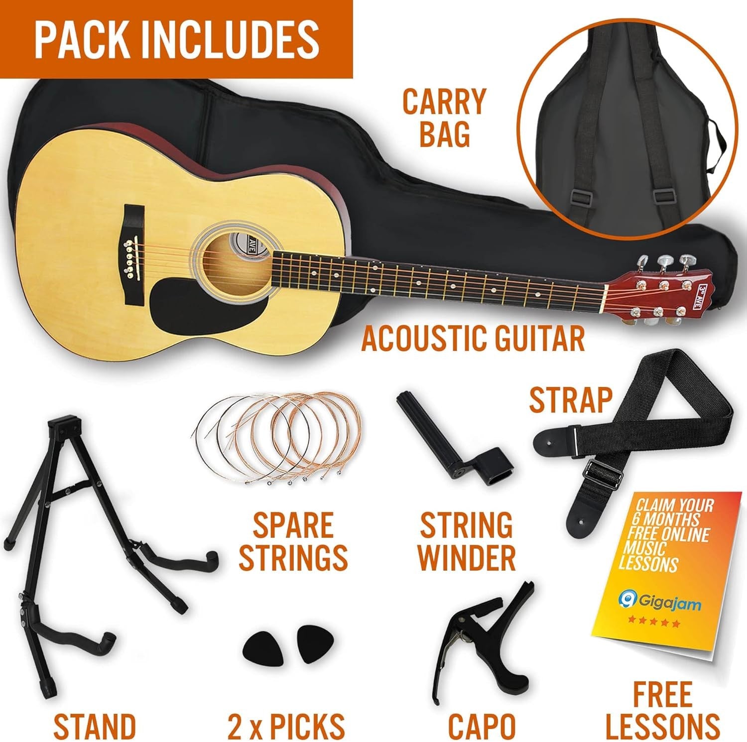 Full Size 4/4 Acoustic Guitar Starter Pack Natural w/ Bag Stand