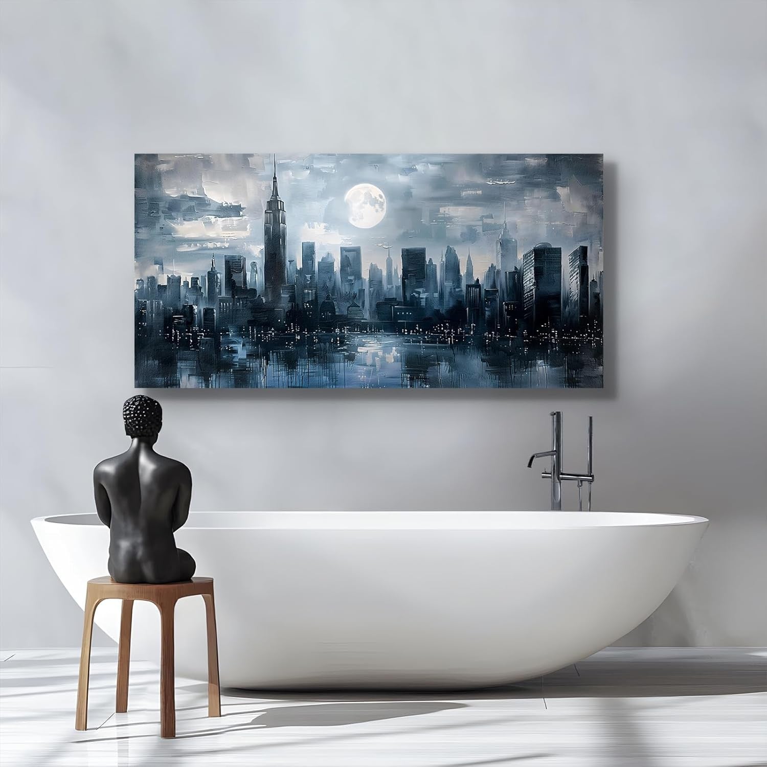 Large Blue City Night Canvas Wall Art – Modern Abstract Urban Decor 20x40"